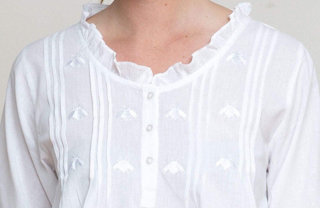 Caroline White Cotton Pajamas, Embroidered