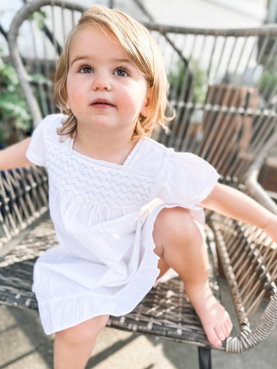 Amelia White Cotton Dress, Smocked