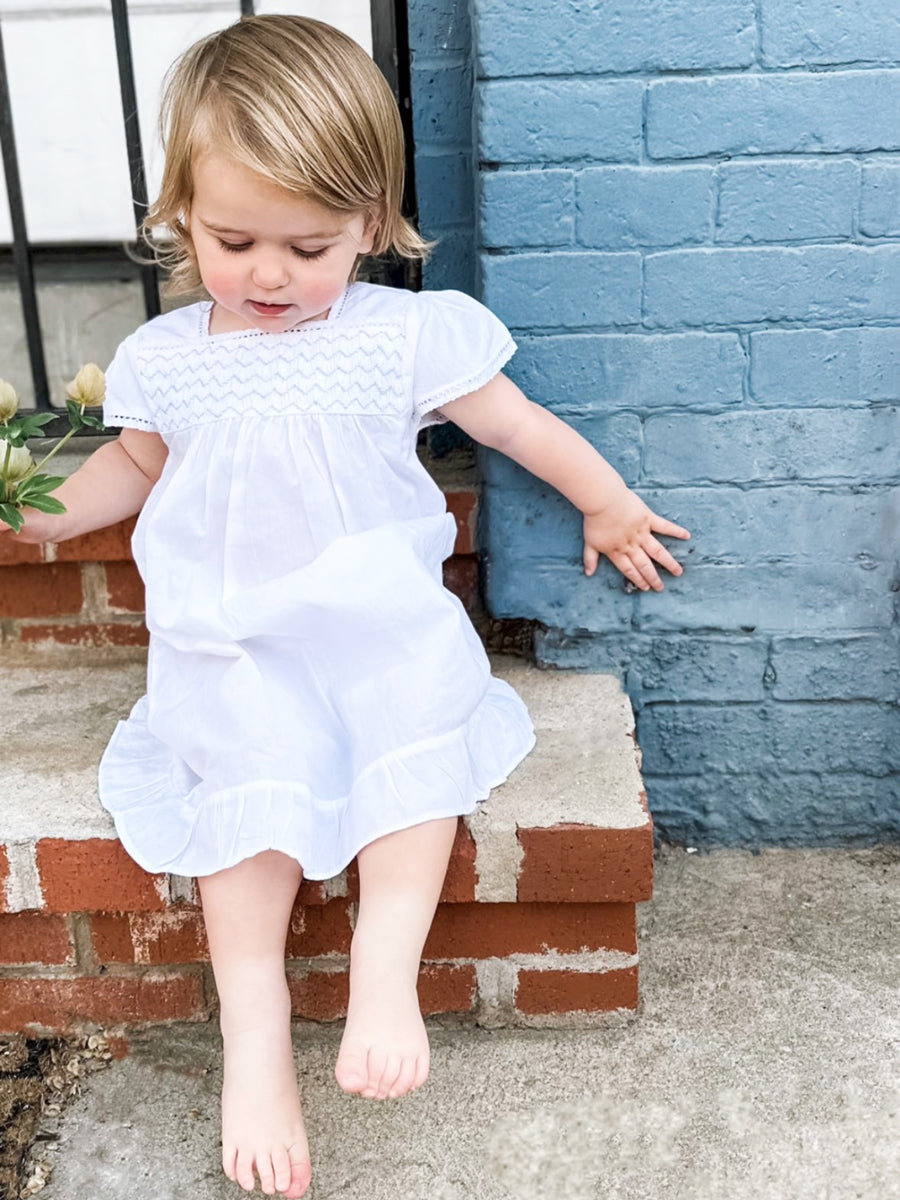 Amelia White Cotton Dress, Smocked