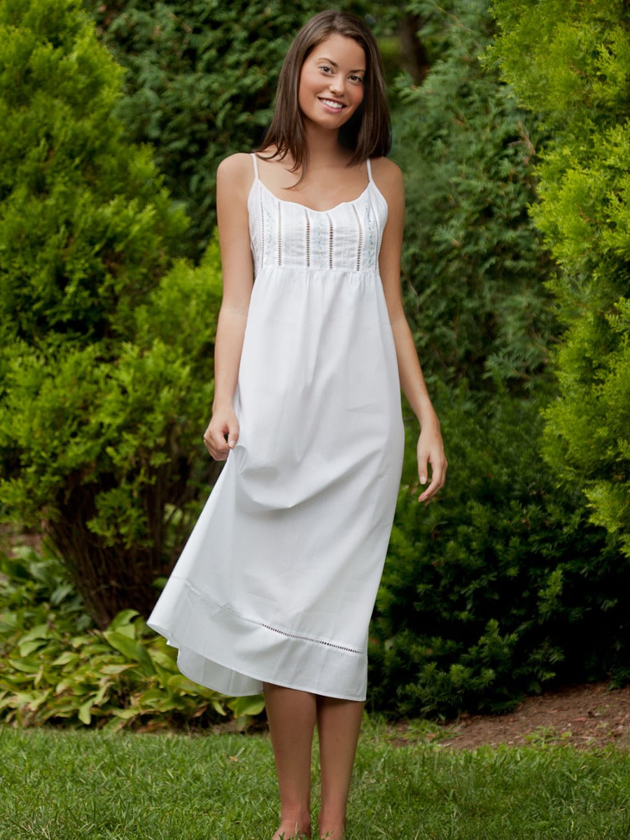 Elaine White Cotton Nightgown, Embroidered