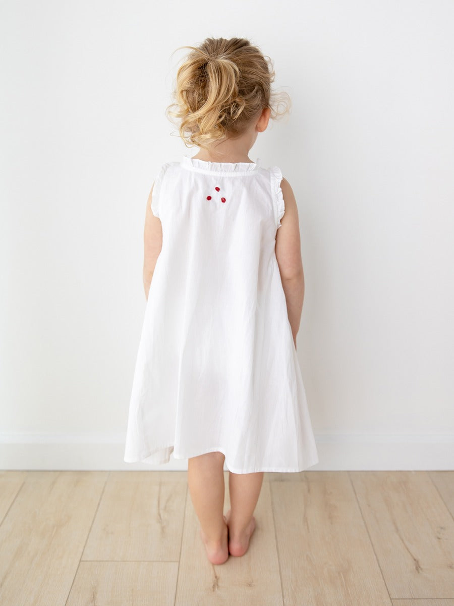 Noa White Cotton Dress, Smocked with Hand Embroidery
