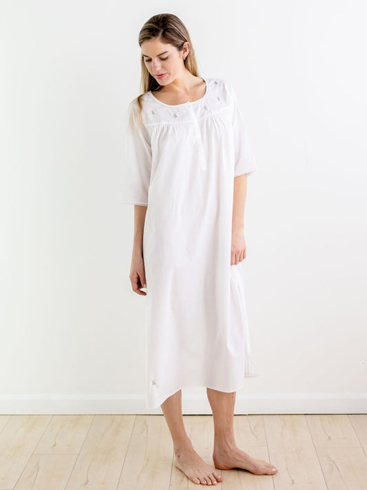 Bee White Cotton Nightgown, Embroidered (Bee - Light Blue)