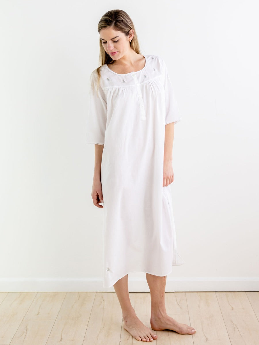 Bee White Cotton Nightgown, Embroidered