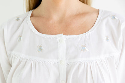 Bee White Cotton Nightgown, Embroidered