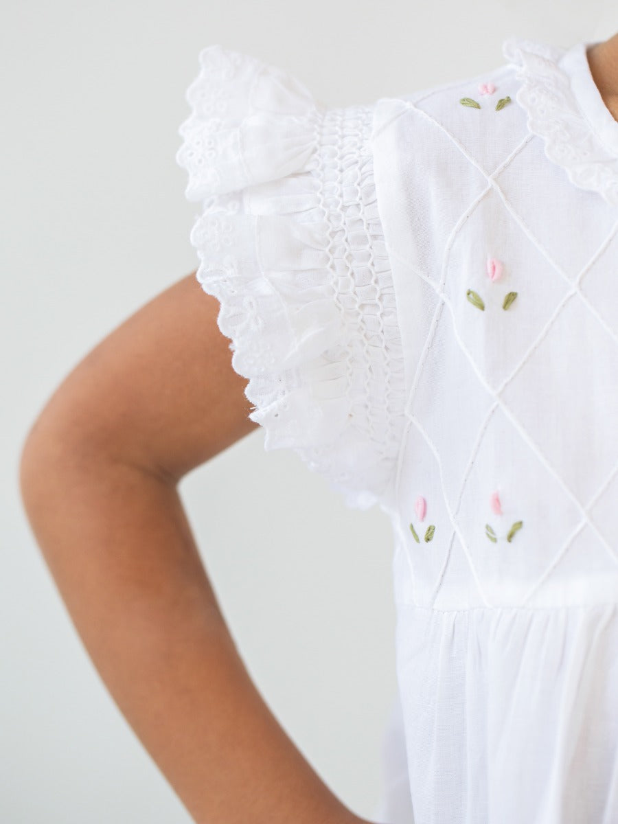 Rose White Cotton Dress, Embroidered