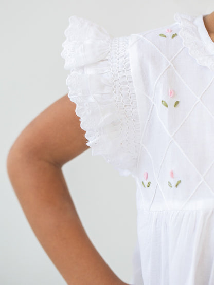 Rose White Cotton Dress, Embroidered