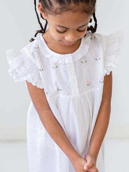 Rose White Cotton Dress, Embroidered