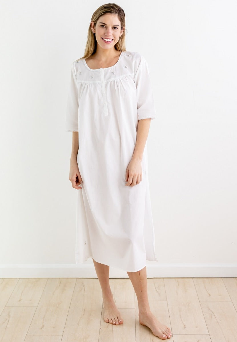 Bee White Cotton Nightgown, Embroidered (Bee - Light Blue)