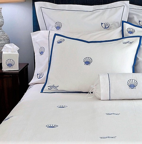 Coverlet (King) - Pure Cotton Diamond Pique, Embroidered Starfish & Scallop (Blue)