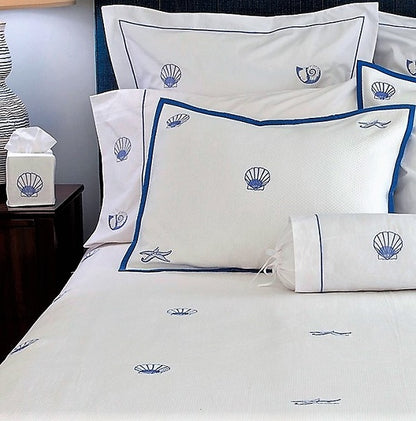 Coverlet, (Queen) - Pure Cotton Diamond Pique, Embroidered Starfish & Scallops (Blue)