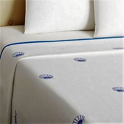 Coverlet, (Queen) - Pure Cotton Diamond Pique, Embroidered Starfish & Scallops (Blue)