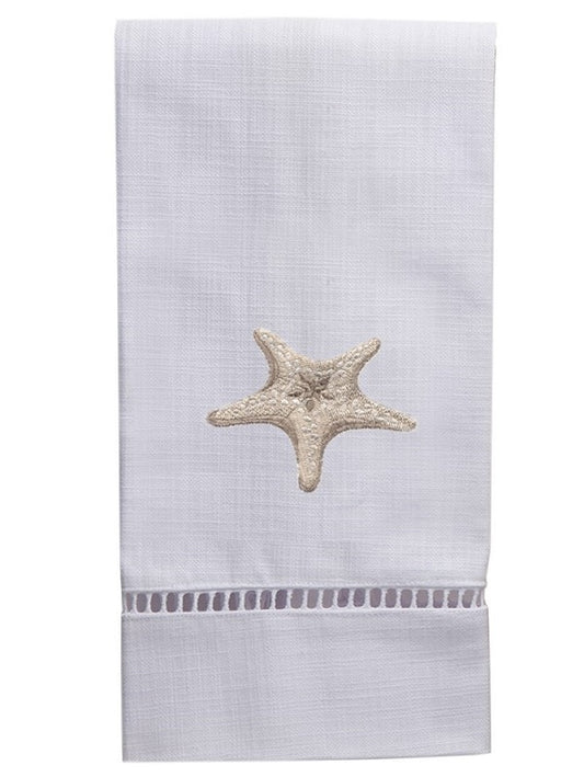 Guest Towel, White Linen/Cotton & Ladder Lace, Morning Starfish (Beige)