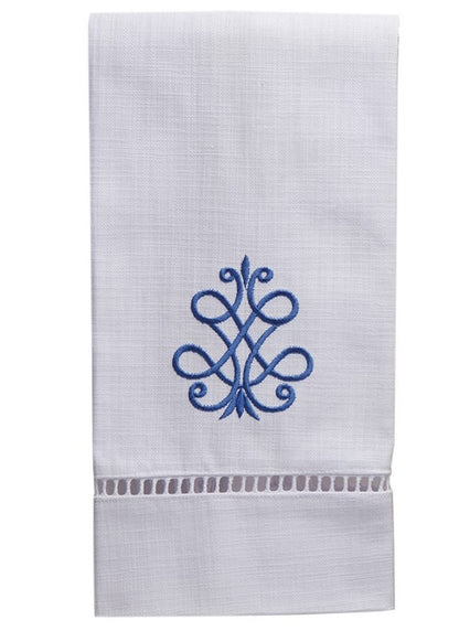 Guest Towel, White Linen/Cotton & Ladder Lace - French Scroll (Cobalt Blue)