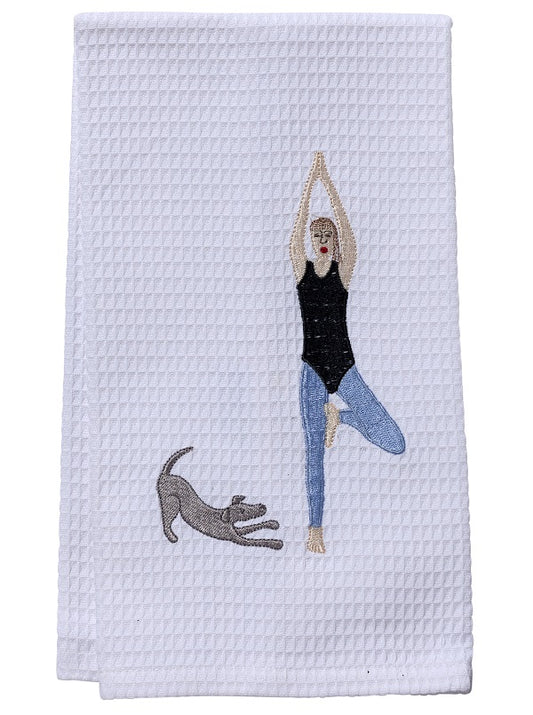 Guest Towel, Waffle Weave, Downward Dog Yoga Lady (Blue)