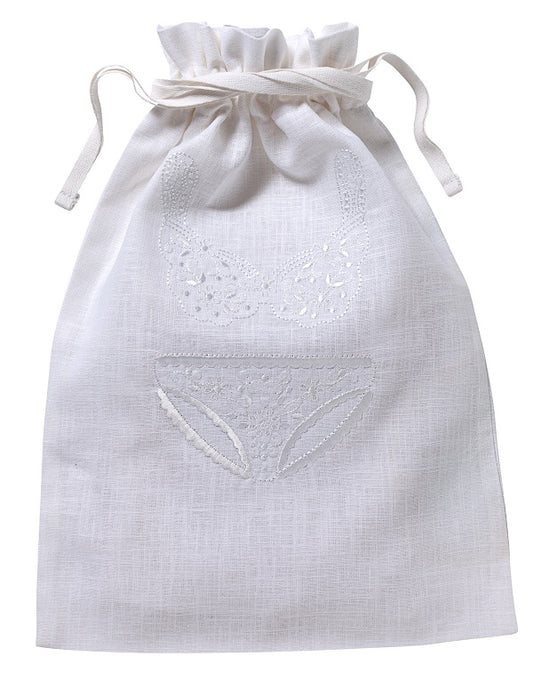 Lingerie Bag, White Cotton/Linen, Flower Bikini (White)