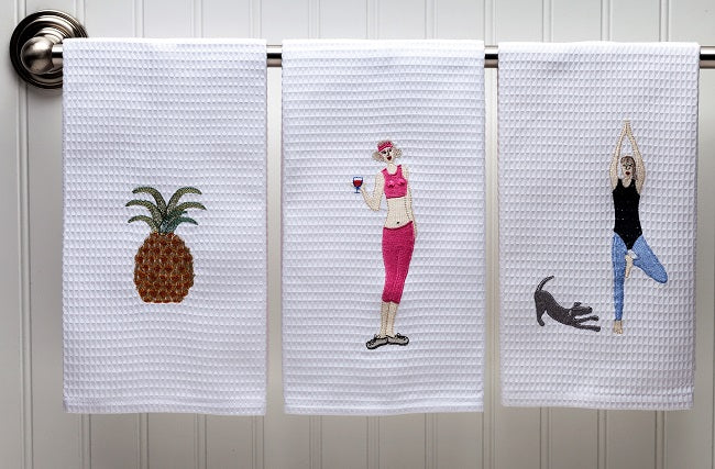 Guest Towel, Waffle Weave, Downward Dog Yoga Lady (Blue)