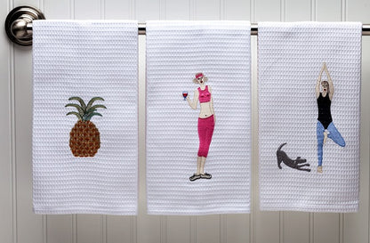 Guest Towel, Waffle Weave, Downward Dog Yoga Lady (Blue)