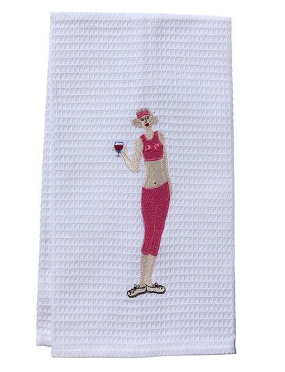 Guest Towel, Waffle Weave, Wine Workout Girl (Pink)