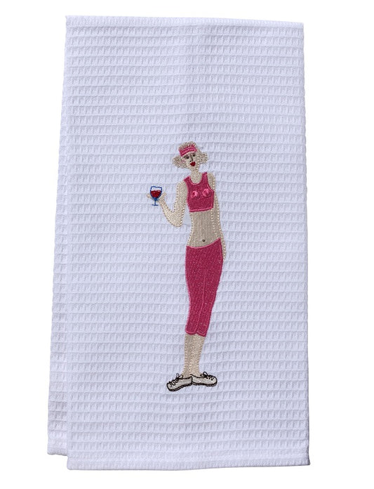 Guest Towel, Waffle Weave, Wine Workout Girl (Pink)