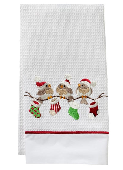 Guest Towel, Waffle Weave & Satin Stitch, Christmas Birds on Branch