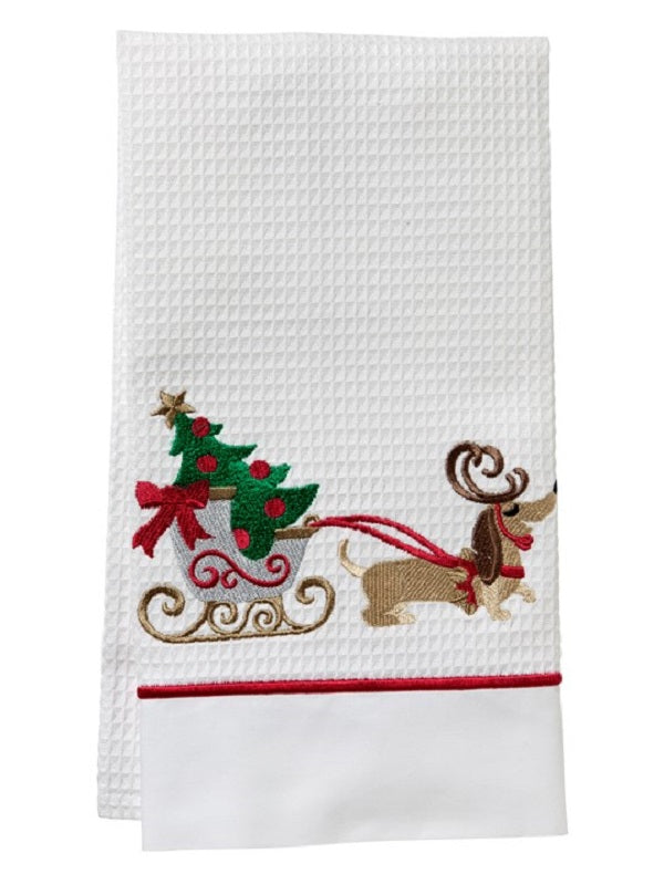 Guest Towel, Waffle Weave & Satin Trim, Christmas Dog Sleigh