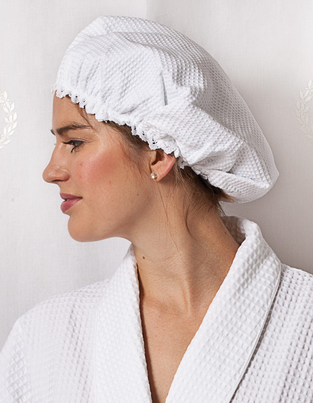 Shower Cap, White Cotton Waffle Weave, No Embroidery