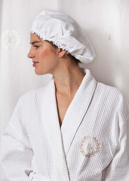 Shower Cap, White Cotton Waffle Weave, No Embroidery