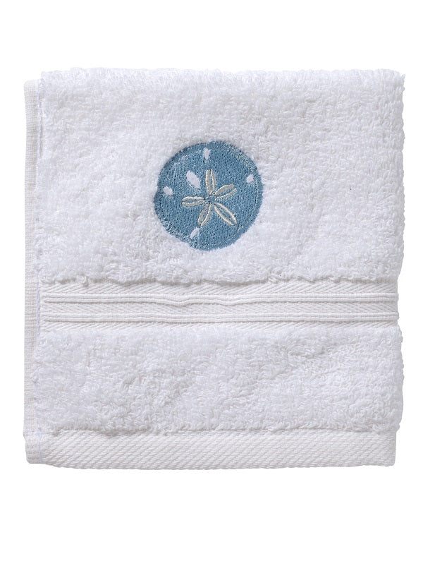 Hand Towel, White Cotton Terry, Sand Dollar (Duck Egg Blue)