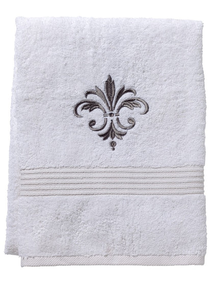 Bath Towel, White Cotton Terry, Fleur de France (Pewter)