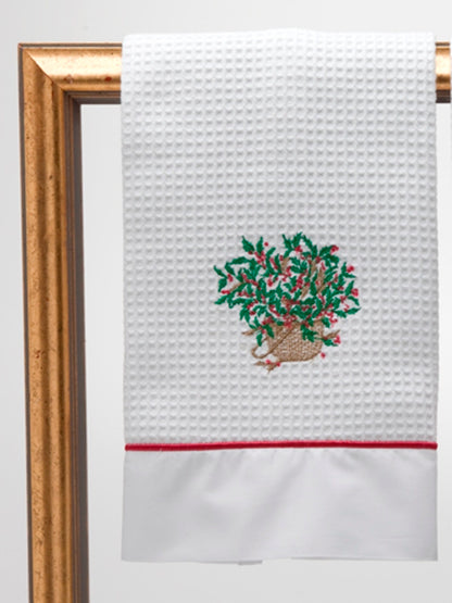 Guest Towel, Waffle Weave and Satin Trim, Holly Basket (Green/Red)