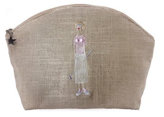 Cosmetic Bag, Natural Linen (Large), Golf Lady (Pink)