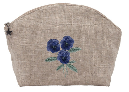 Cosmetic Bag, Natural Linen (Large), Pansies (Blue)