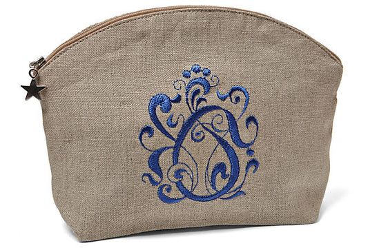 Cosmetic Bag, Natural Linen (Large), English Scroll Blue)