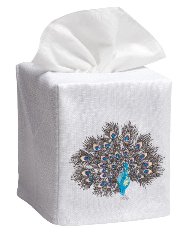 Tissue Box Cover, Feathered Peacock (Turquoise/Pewter)