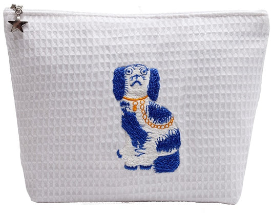 Cosmetic Bag (Large), Waffle Weave - Staffordshire Dog (Blue)