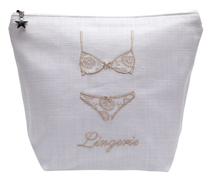 Lingerie Bag - White Linen / Cotton, Embroidered