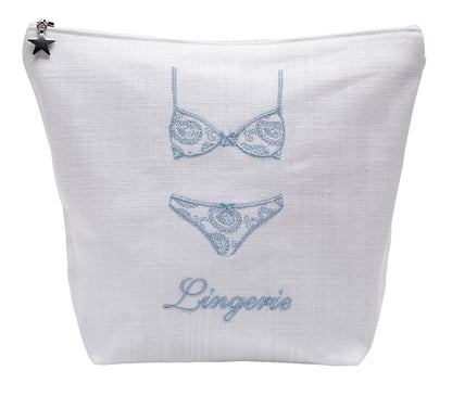 Lingerie Bag - White Linen / Cotton, Embroidered