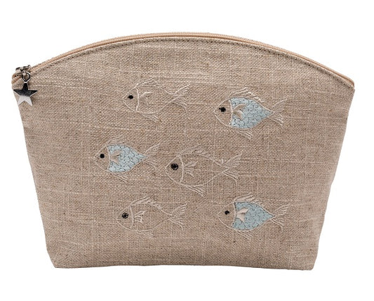 Cosmetic Bag, Natural Linen (Medium), School of Fish (Aqua)