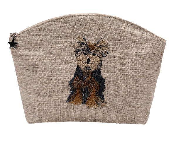 Cosmetic Bag, Natural Linen (Medium), Yorkie Dog (Brown)