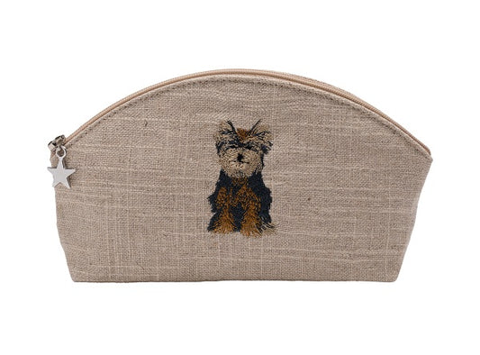 Cosmetic Bag, Natural Linen (Small), Yorkie Dog (Brown)