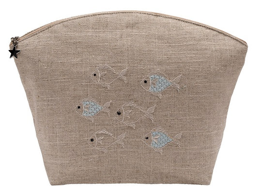 Cosmetic Bag, Natural Linen (Large), School of Fish (Aqua)