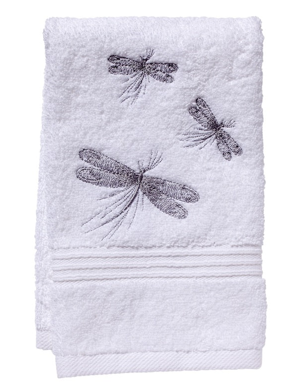 Guest Towel, White Cotton Terry, Three Classic Dragonflies (Pewter)