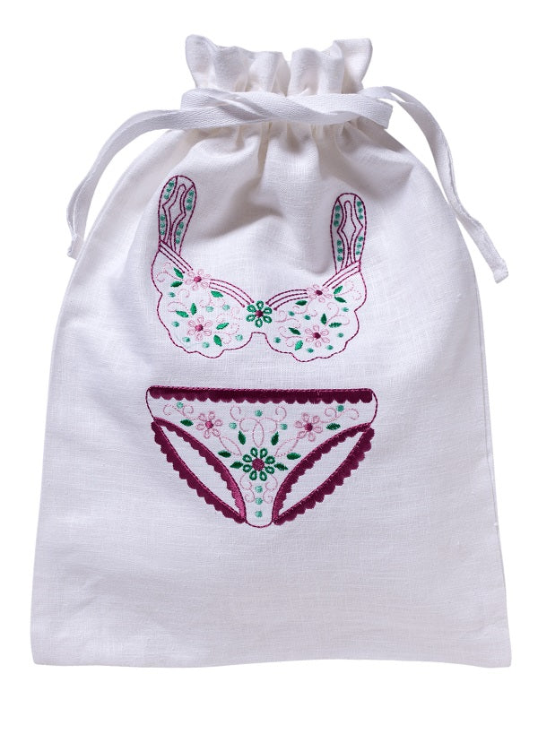 Lingerie Bag, White Cotton/Linen, Flower Bikini (Plum, Multi)