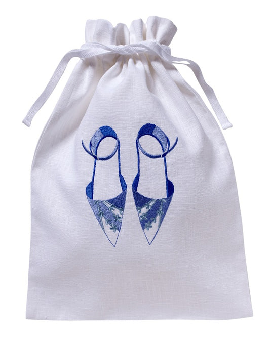 Shoe Bag, White Cotton/Linen, Ladies (Blue)