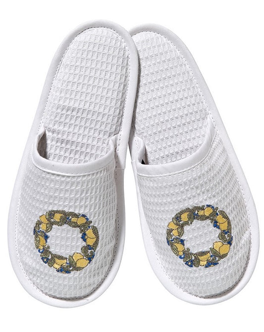 Slippers, White Cotton Waffle Weave - Embroidered