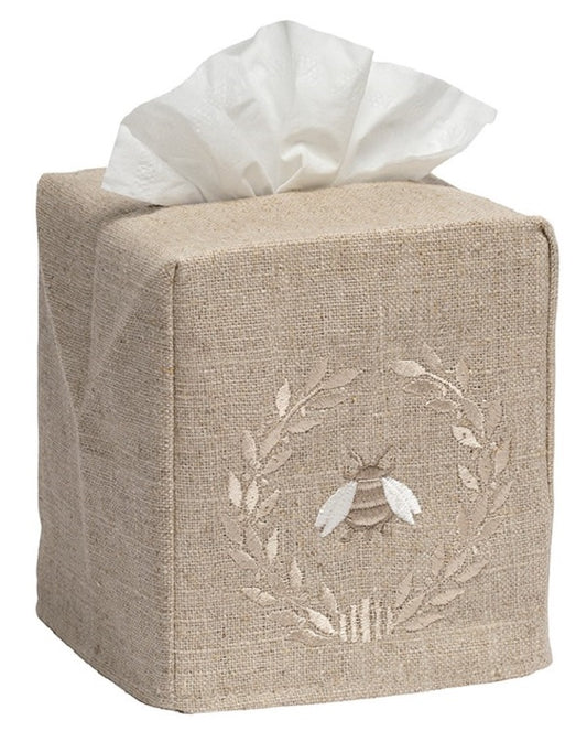 Tissue Box Cover, Natural Linen, Embroidered