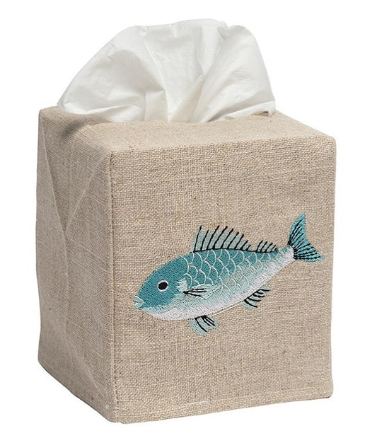 Tissue Box Cover, Natural Linen, Swimming Fish (Aqua)
