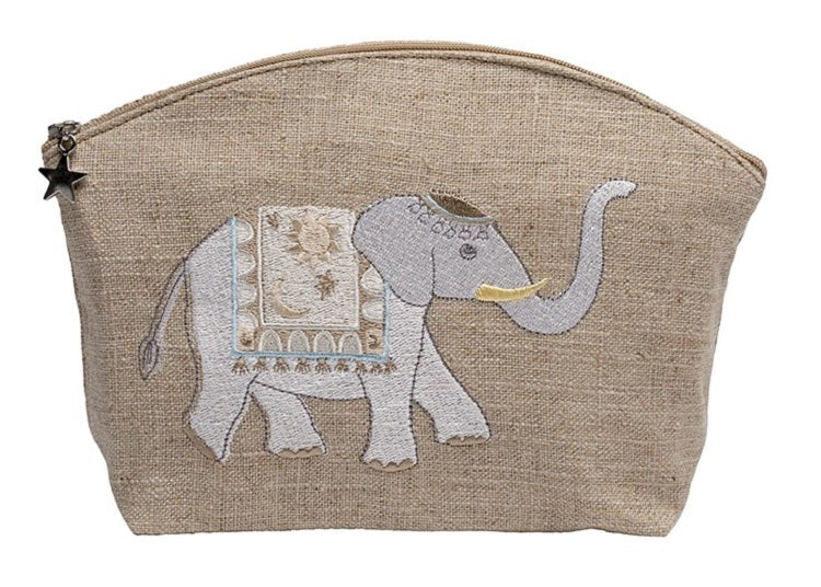 Cosmetic Bag, Natural Linen (Medium), Charming Elephant (Beige)