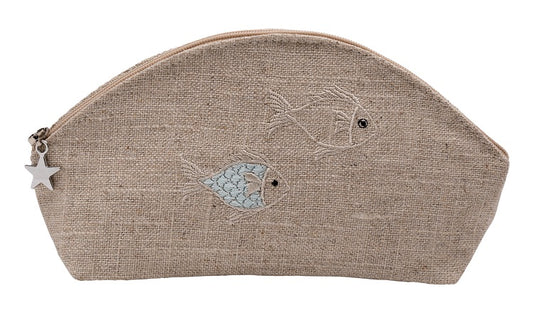 Cosmetic Bag, Natural Linen (Small), School of Fish (Aqua)