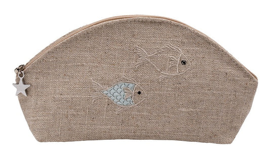Cosmetic Bag, Natural Linen (Small), School of Fish (Aqua)